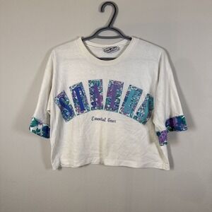 Vtg Star Cody White T-shirt Made in USA Cotton Crop Top Floral Sleeves Status